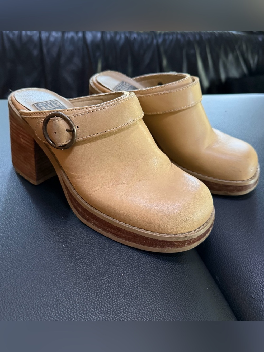 RARE Frye‎ Womens Vintage Dover Mules Clogs Block Heel Slip On Leather Tan 7.5